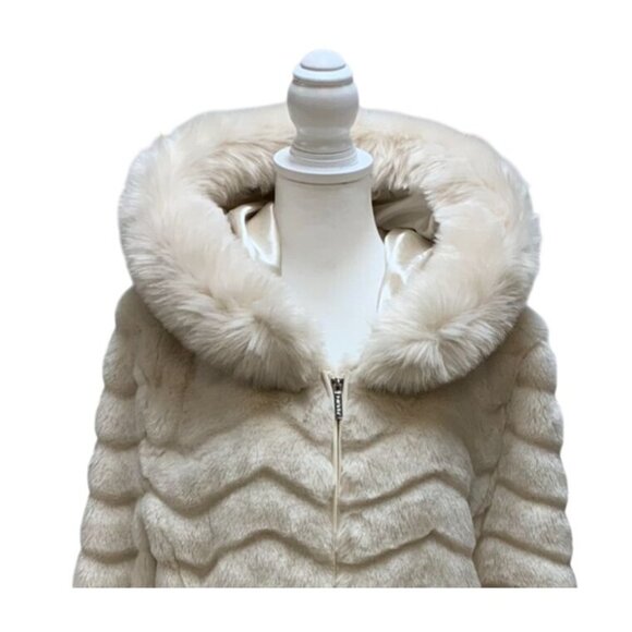 DKNY Womens Faux Fur Chevron Pattern Hooded Parka Coat Ivory Beige Size XL - Picture 4 of 9